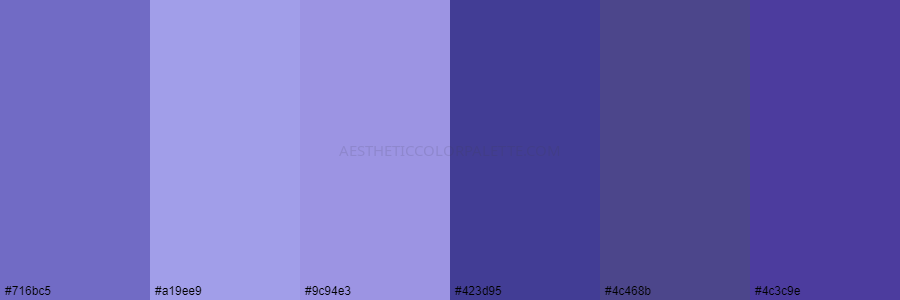 color palette 716bc5 a19ee9 9c94e3 423d95 4c468b 4c3c9e