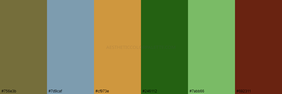 color palette 756e3b 7d9caf cf973e 246112 7abb66 692311