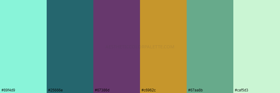 color palette 89f4d9 25666e 67386d c6962c 67aa8b caf5d3