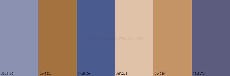 color palette 8b91b0 a4723e 4a5b90 dfc2a8 c49464 5c5c7e