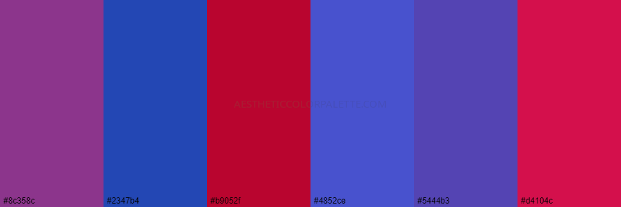 color palette 8c358c 2347b4 b9052f 4852ce 5444b3 d4104c