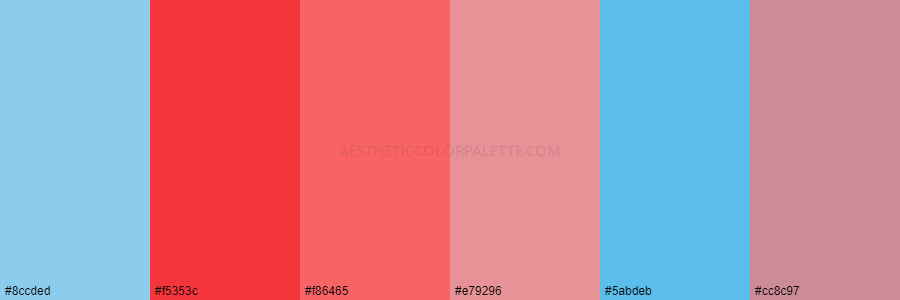 color palette 8ccded f5353c f86465 e79296 5abdeb cc8c97