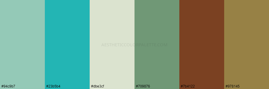 color palette 94c9b7 23b5b4 dbe3cf 709876 7b4122 978145