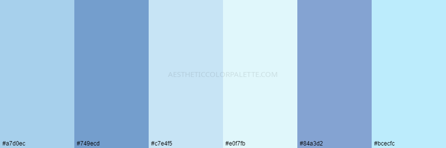 color palette a7d0ec 749ecd c7e4f5 e0f7fb 84a3d2 bcecfc