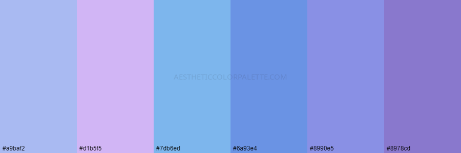 color palette a9baf2 d1b5f5 7db6ed 6a93e4 8990e5 8978cd
