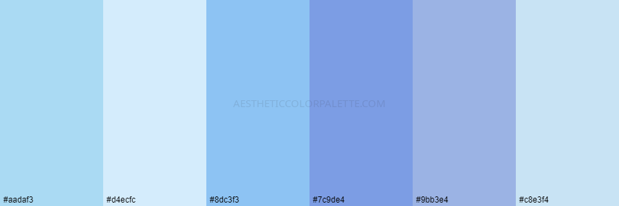 color palette aadaf3 d4ecfc 8dc3f3 7c9de4 9bb3e4 c8e3f4