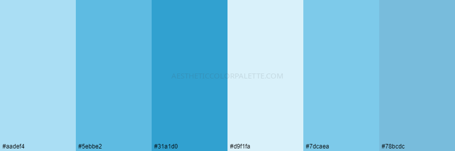 color palette aadef4 5ebbe2 31a1d0 d9f1fa 7dcaea 78bcdc