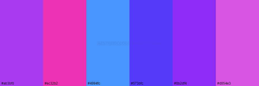 color palette ab3bf0 ec32b2 4994fc 573bfc 8b2df4 d854e3