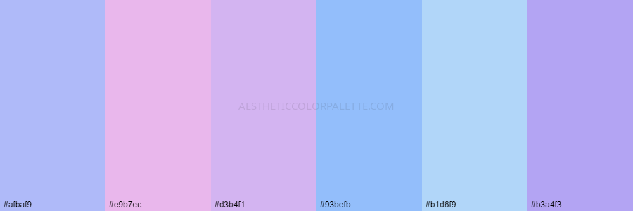 color palette afbaf9 e9b7ec d3b4f1 93befb b1d6f9 b3a4f3