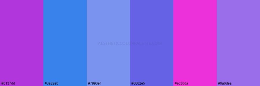 color palette b137dd 3a82eb 7993ef 6662e5 ec30da 9a6dea