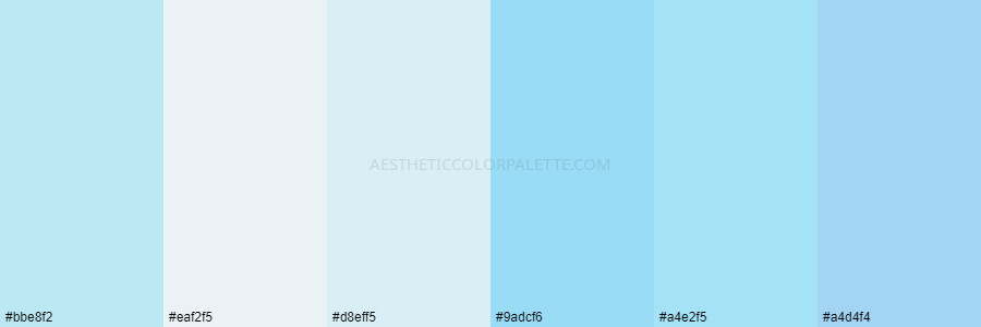color palette bbe8f2 eaf2f5 d8eff5 9adcf6 a4e2f5 a4d4f4
