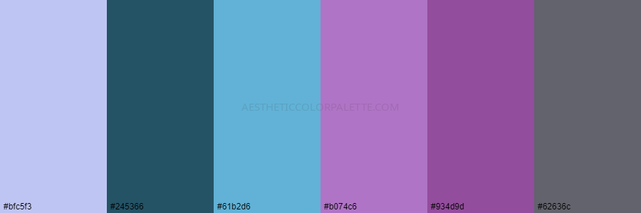 color palette bfc5f3 245366 61b2d6 b074c6 934d9d 62636c