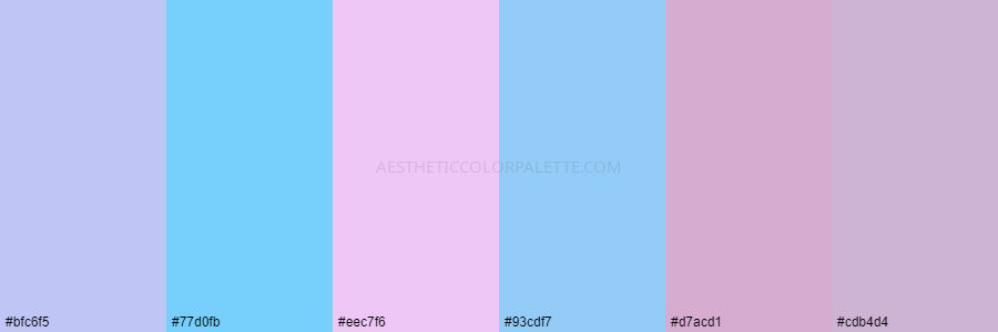 color palette bfc6f5 77d0fb eec7f6 93cdf7 d7acd1 cdb4d4