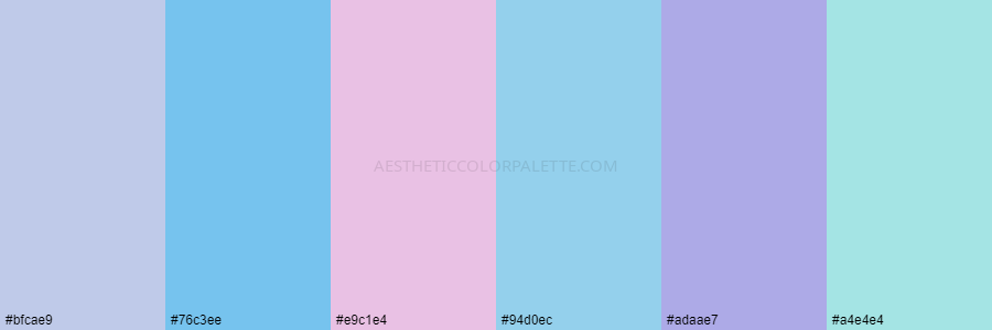 color palette bfcae9 76c3ee e9c1e4 94d0ec adaae7 a4e4e4