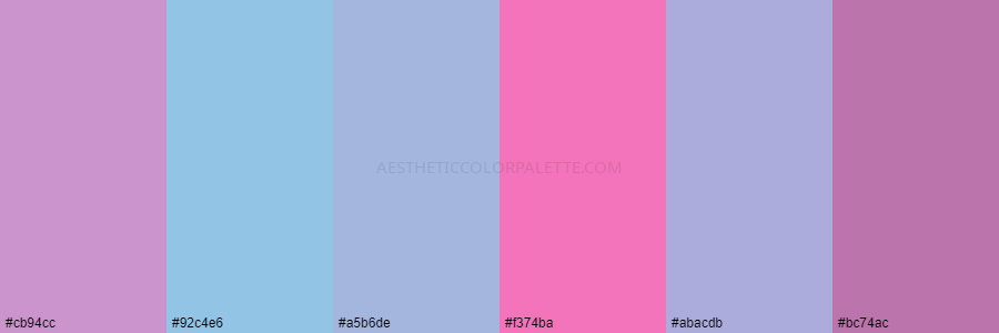 color palette cb94cc 92c4e6 a5b6de f374ba abacdb bc74ac