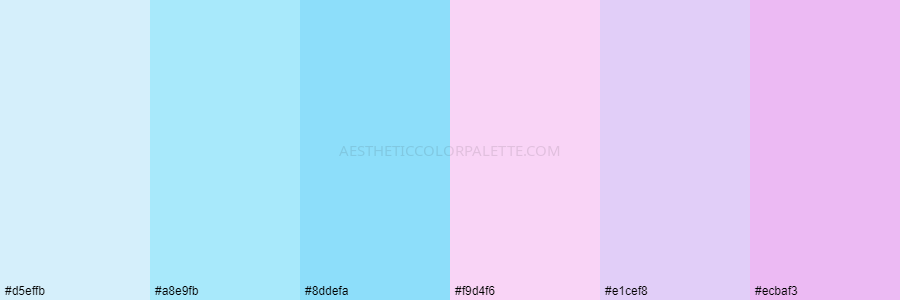 color palette d5effb a8e9fb 8ddefa f9d4f6 e1cef8 ecbaf3