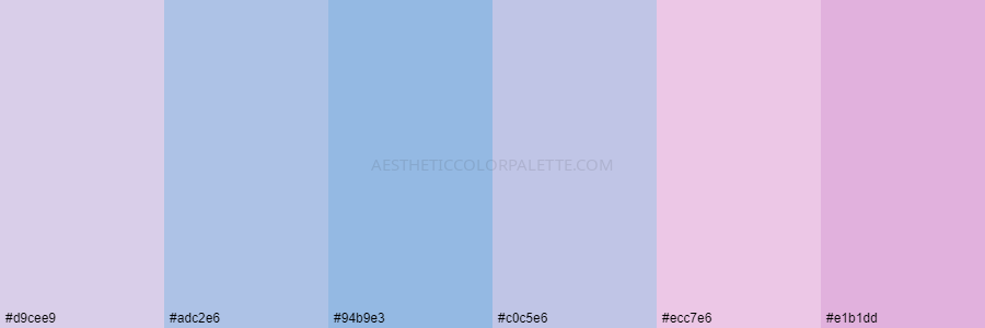 color palette d9cee9 adc2e6 94b9e3 c0c5e6 ecc7e6 e1b1dd 1
