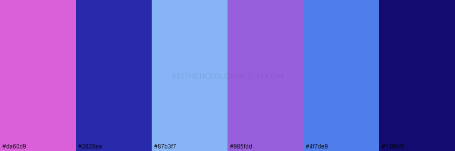 color palette da60d9 2828aa 87b3f7 985fdd 4f7de9 130b6f