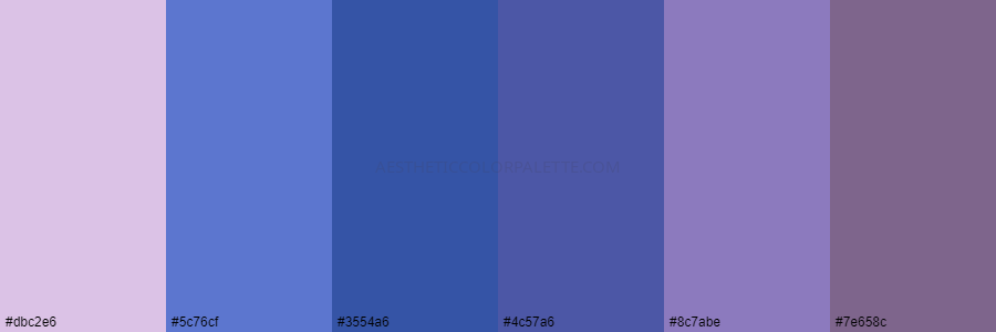 color palette dbc2e6 5c76cf 3554a6 4c57a6 8c7abe 7e658c