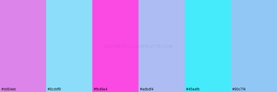 color palette dd84eb 8cddf9 fb49e4 adbdf4 45eafb 90c7f4