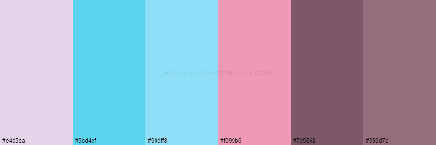 color palette e4d5ea 5bd4ef 90dff8 f099b6 7d5868 956d7c