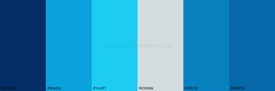 color palette 042e66 0aa2dc 1ccdf1 d3dbde 0881bf 0667a9