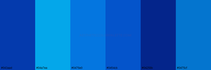 color palette 043aad 04a7ea 0476e0 0454cb 04258b 0475cf