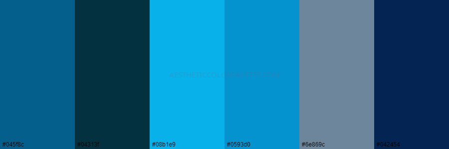color palette 045f8c 04313f 08b1e9 0593d0 6e869c 042454
