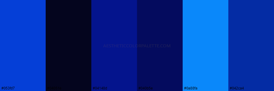 color palette 053fd7 04051e 04148d 040b5e 0a88fa 042ca4