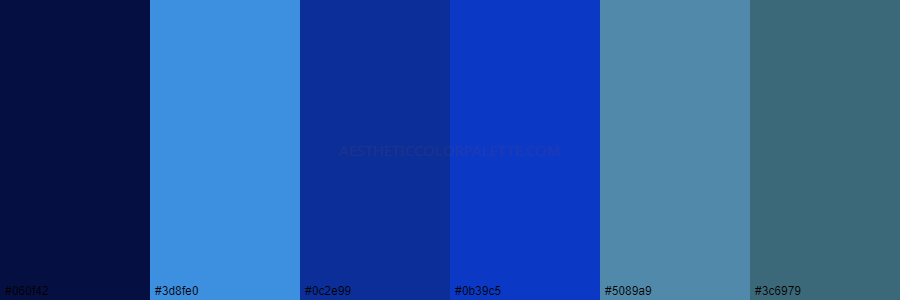 color palette 060f42 3d8fe0 0c2e99 0b39c5 5089a9 3c6979