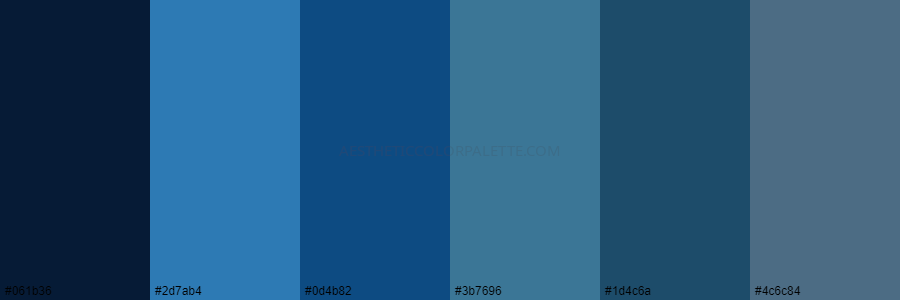 color palette 061b36 2d7ab4 0d4b82 3b7696 1d4c6a 4c6c84