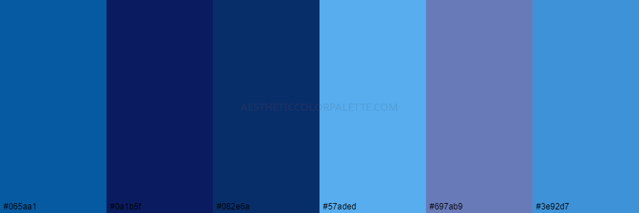 color palette 065aa1 0a1b5f 082e6a 57aded 697ab9 3e92d7