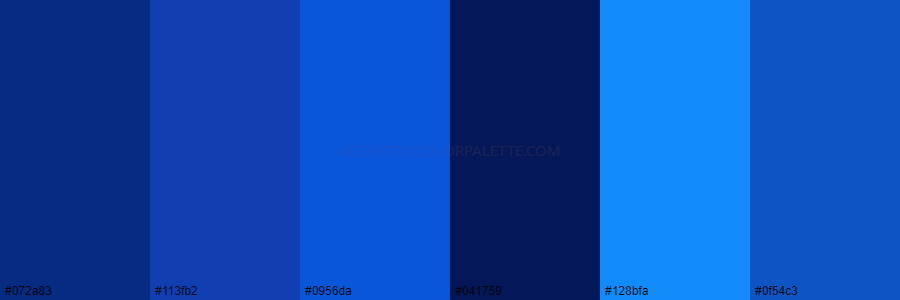 color palette 072a83 113fb2 0956da 041759 128bfa 0f54c3