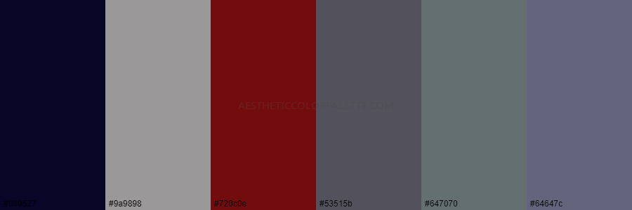 color palette 080527 9a9898 720c0e 53515b 647070 64647c