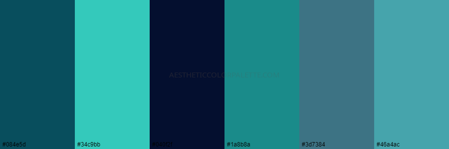 color palette 084e5d 34c9bb 040f2f 1a8b8a 3d7384 46a4ac