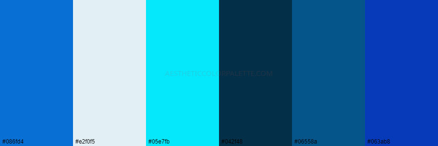 color palette 086fd4 e2f0f5 05e7fb 042f48 06558a 063ab8