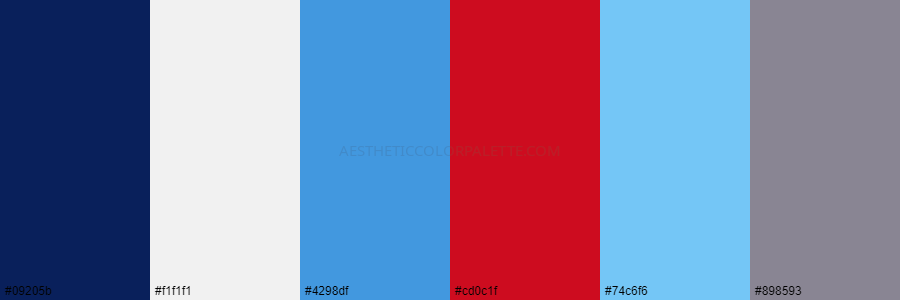 color palette 09205b f1f1f1 4298df cd0c1f 74c6f6 898593
