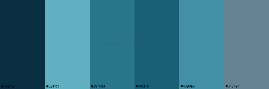 color palette 0a2f42 62afc1 29768a 195f76 4390a6 648494
