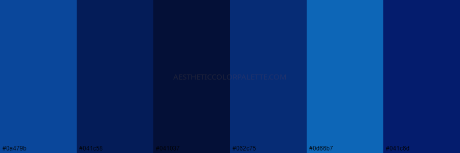 color palette 0a479b 041c58 041037 062c75 0d66b7 041c6d