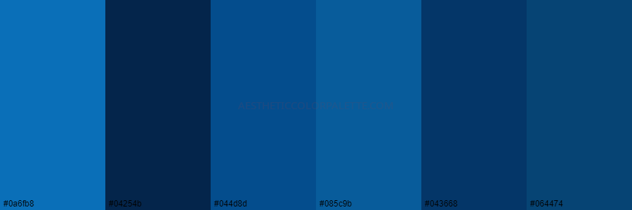 color palette 0a6fb8 04254b 044d8d 085c9b 043668 064474 1