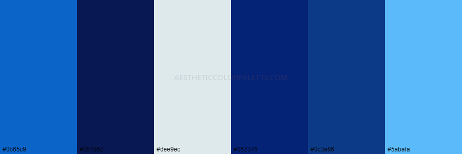 color palette 0b65c9 081852 dee9ec 052376 0c3a86 5abafa