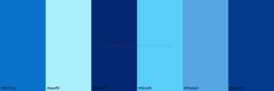 color palette 0b72ca aaeff9 042771 59cef6 55a6e3 043a8c