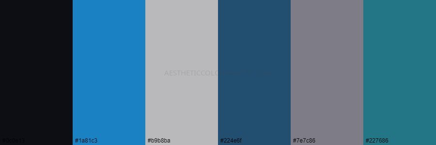 color palette 0c0e13 1a81c3 b9b8ba 224e6f 7e7c86 227686