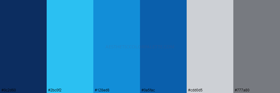 color palette 0c2d60 2bc0f2 128ed8 0a5fac cdd0d5 777a80