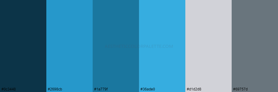 color palette 0c3448 2698cb 1a779f 36ade0 d1d2d8 69757d