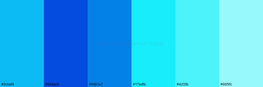 color palette 0cbaf4 044be0 0481e7 17edfb 4cf3fb 98f9fc