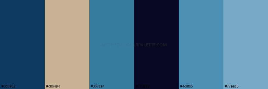 color palette 0d3962 c8b494 367ca1 070922 4c8fb5 77aac6