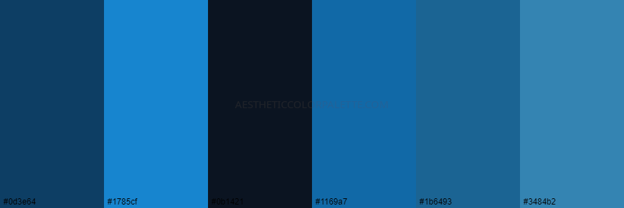 color palette 0d3e64 1785cf 0b1421 1169a7 1b6493 3484b2