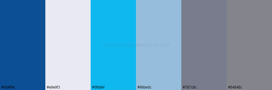 color palette 0d4f94 e9e9f3 0fb8ef 96bedc 787c8c 84848c