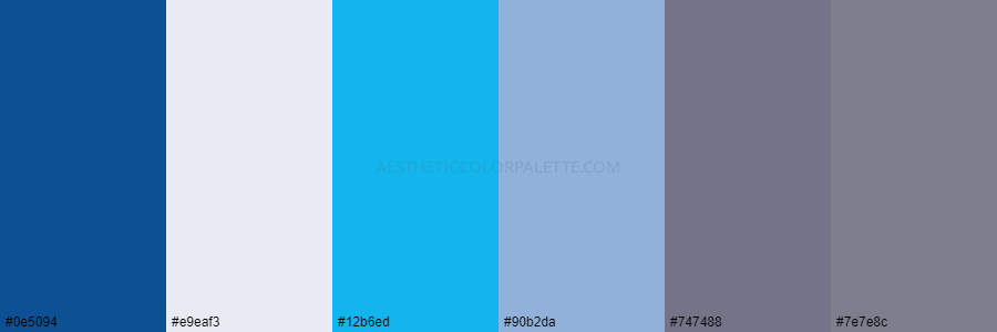 color palette 0e5094 e9eaf3 12b6ed 90b2da 747488 7e7e8c